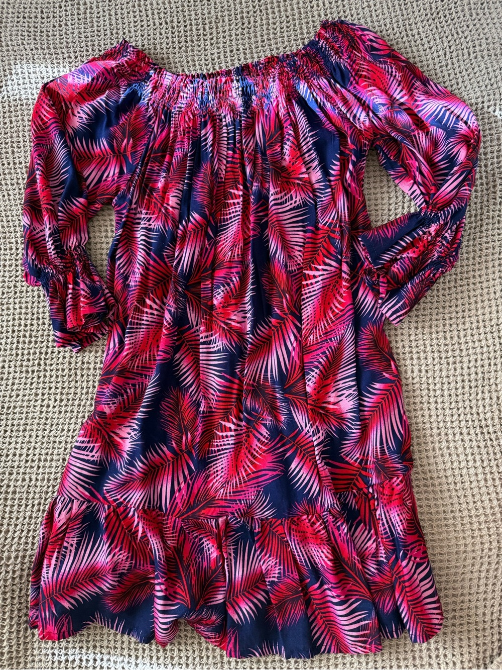 Women’s Pink Navy Off-Shoulder Tropical Print Dress